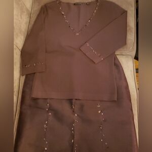 TAHARI Embellished Organza Outfit Set Skirt Matching Top Chocolate Brown Sz 4